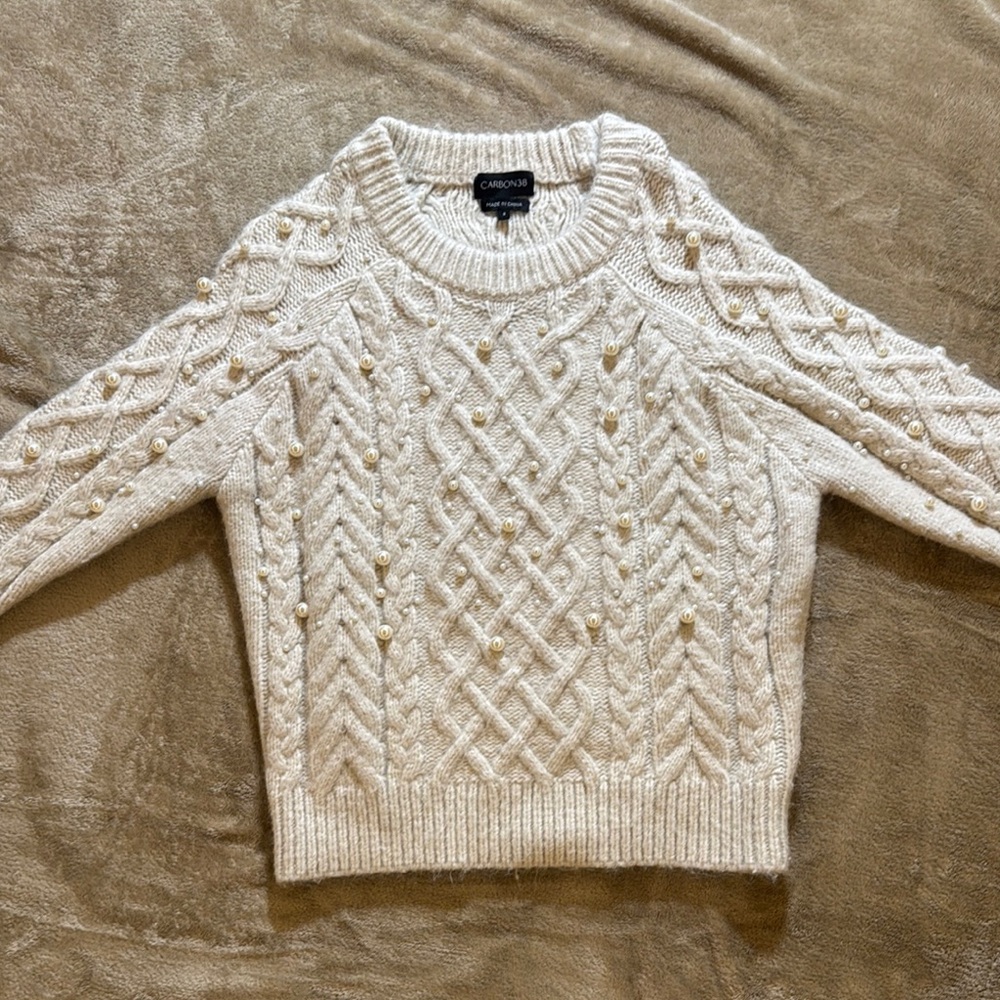 Carbon38 Ivory Cable-Knit Pearl-Accented Crew Sweater